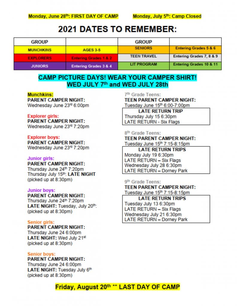 Important Dates Oak Crest Day Camp